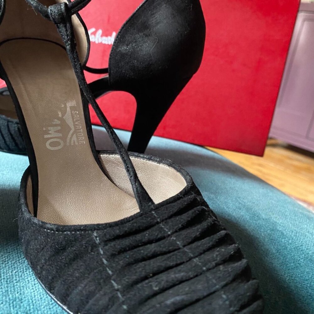 T-Strap Black Suede Ferragamo heels Size 7 US, UK size 5, EU size 37